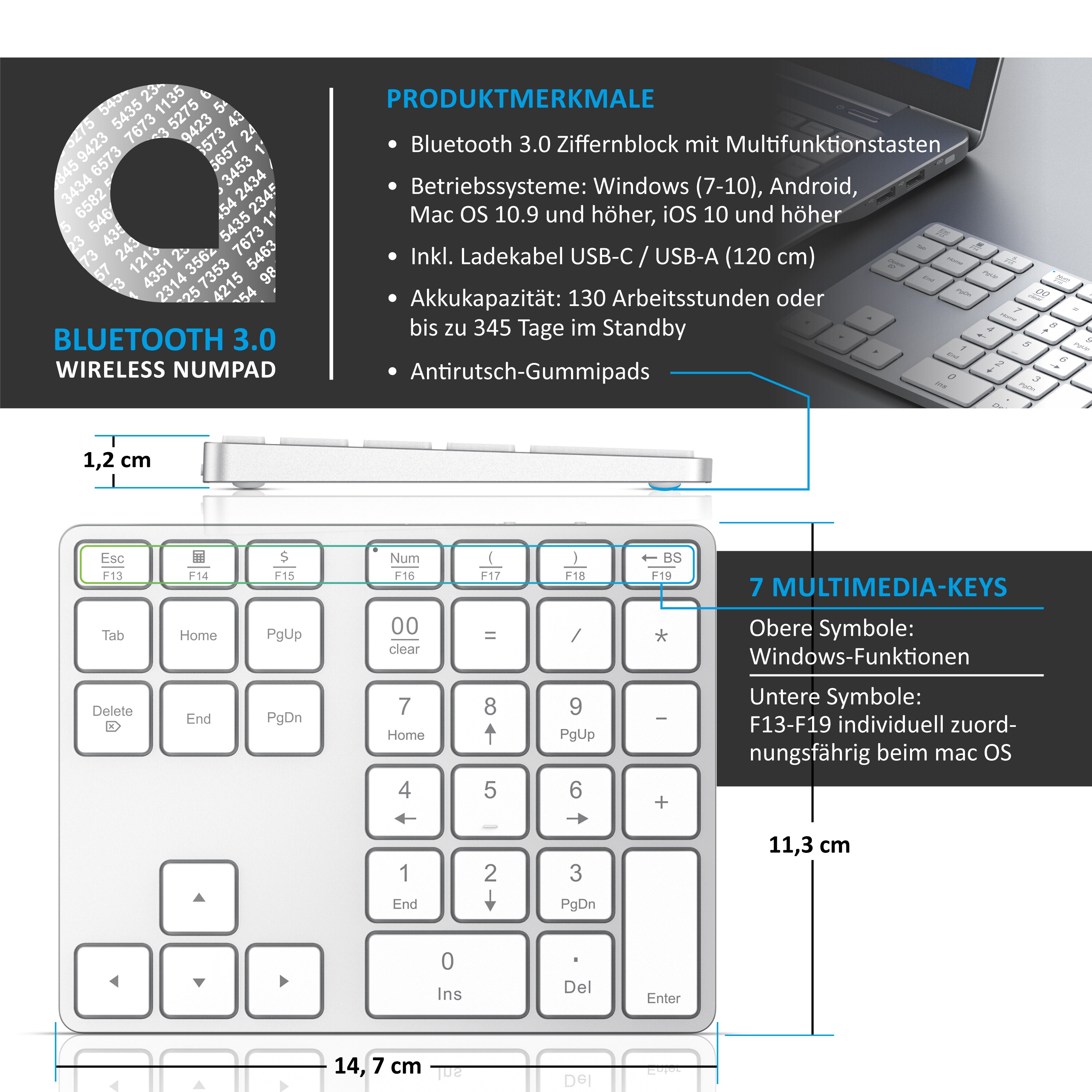 Aplic Bluetooth Numpad - Wireless Ziffernblock mit Multifunktionstasten - Keypad Aluminium - 35 Tasten - Bluetooth 3.0 - Kabellos