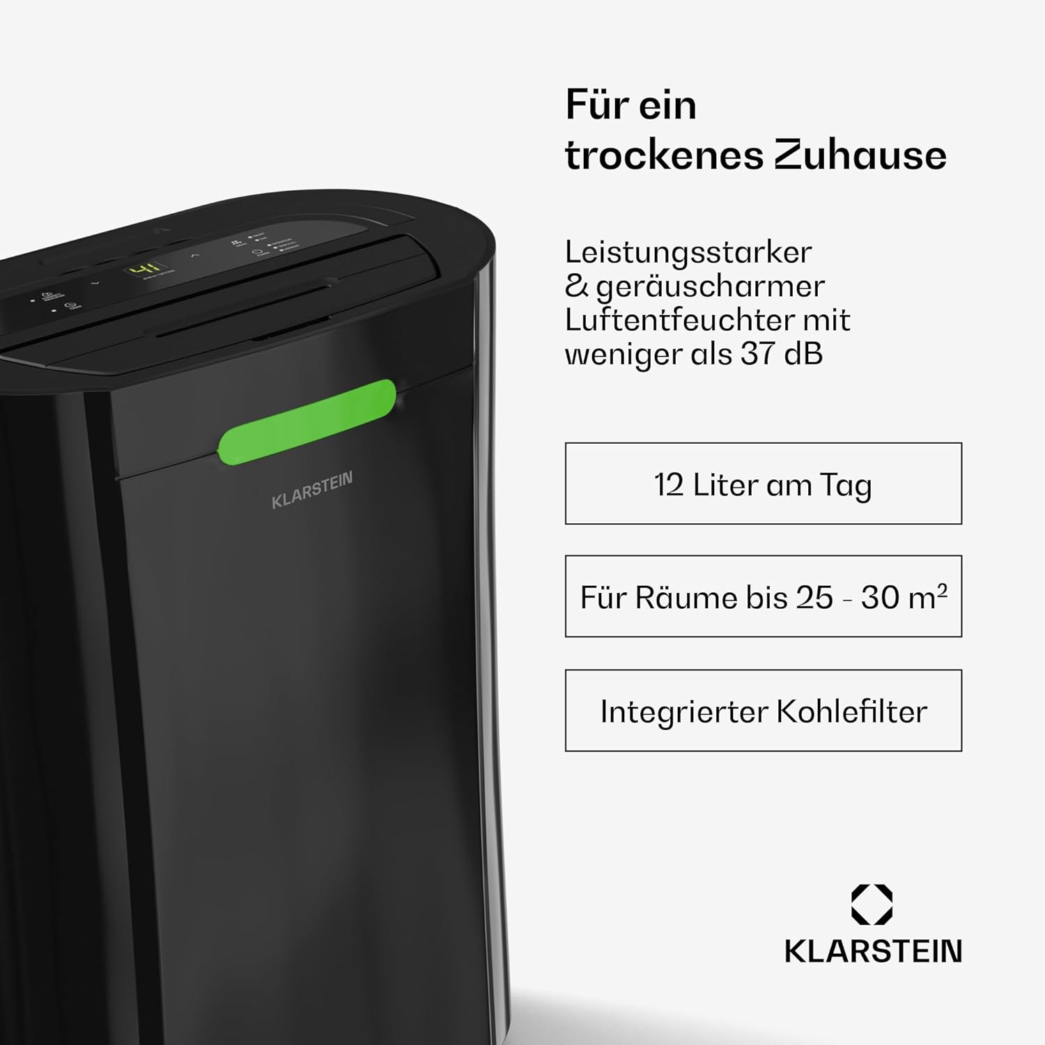 Klarstein AeroDry Smart 12l Luftentfeuchter - 12L/Tag, 2.5L Tank, 39dB, WiFi/App/Alexa Steuerung, LED Display, 24h Timer, Carbon Filter, für Räume bis 18m², Entfeuchter Elektrisch, Schwarz