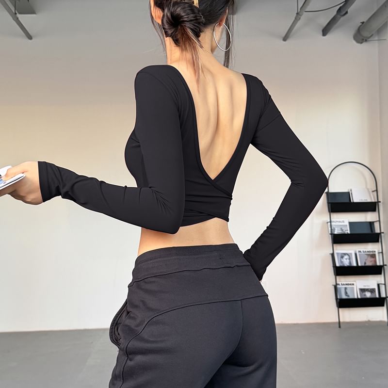 Faiar - Lange mouwen V-hals effen crop sporttop