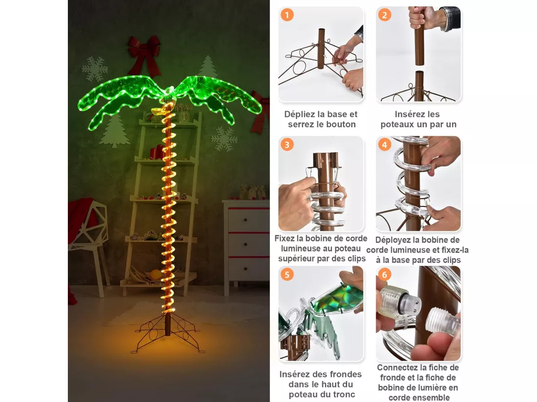 Palmier Artificiel LED Hauteur 136 cm, Lampe Motif de Cocotier d'Intérieur et d'Extérieur, avec Base Pliante, 60Hz/7W