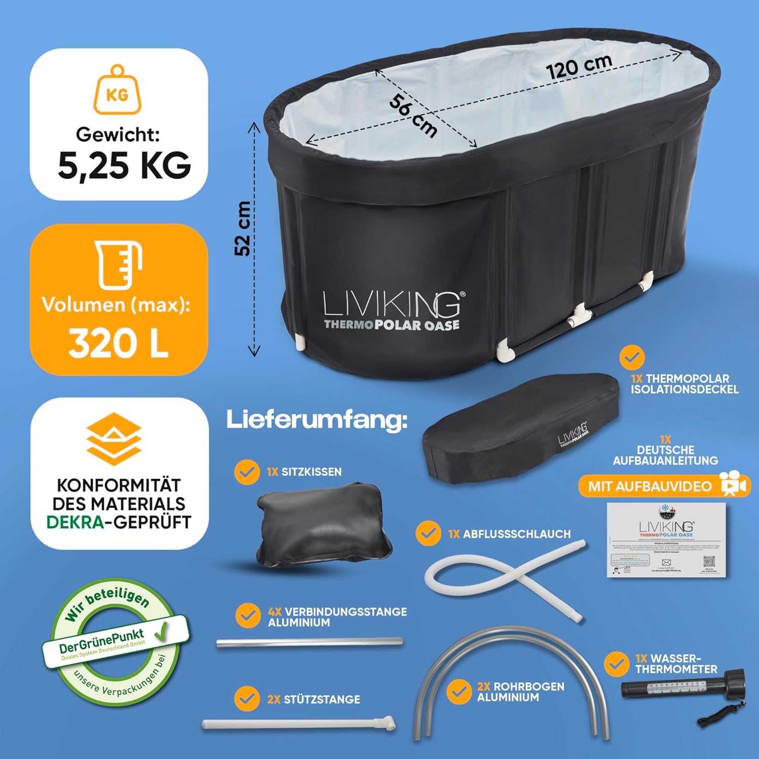 Eisbad + Faltbare Badewanne Erwachsene [120 cm - 2in1 KOMFORT KOMPLETTSET] Eisbaden Tonne, Mobile Badewanne Outdoor & Eistonne – Jetzt Eintauchen! (ThermoPolar Oase, schwarz)