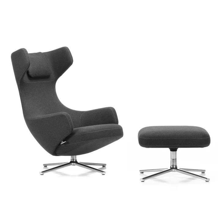 Vitra - Grand Repos Sessel und Ottoman, Cosy 2 grau (10 classic grey) / Aluminium poliert (Filzgleiter)