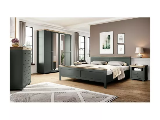 Chambre à coucher ASSIA : Armoire 200cm, Lit 180x200, commode, chevets. Coloris vert kaki et chêne.