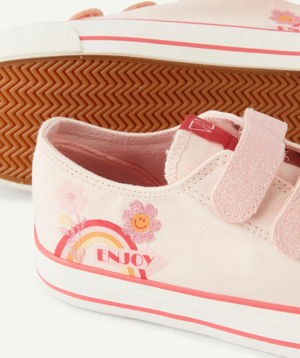 BASKETS BASSES FILLE À SCRATCH ROSE ET PAILLETÉ AVEC DESSIN FLEURI