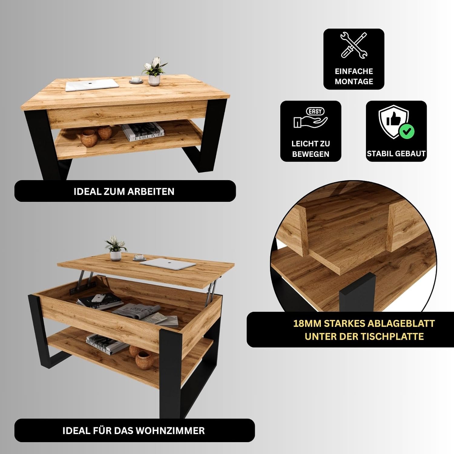 Couchtisch höhenverstellbar mit Stauraum - Couchtische - Wohnzimmertisch klappbar - höhenverstellbarer Coffee Table - Wohnzimmer Tisch Holz Braun