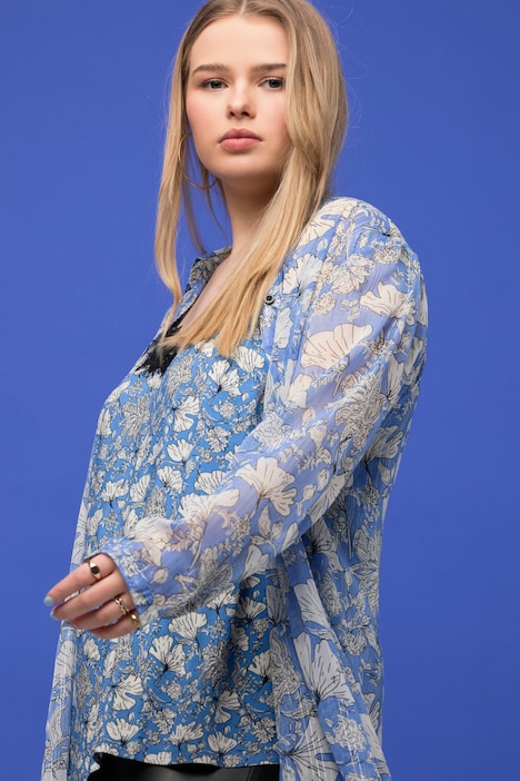 Longbluse, Chiffon, Flower Print, Hemdkragen, Langarm