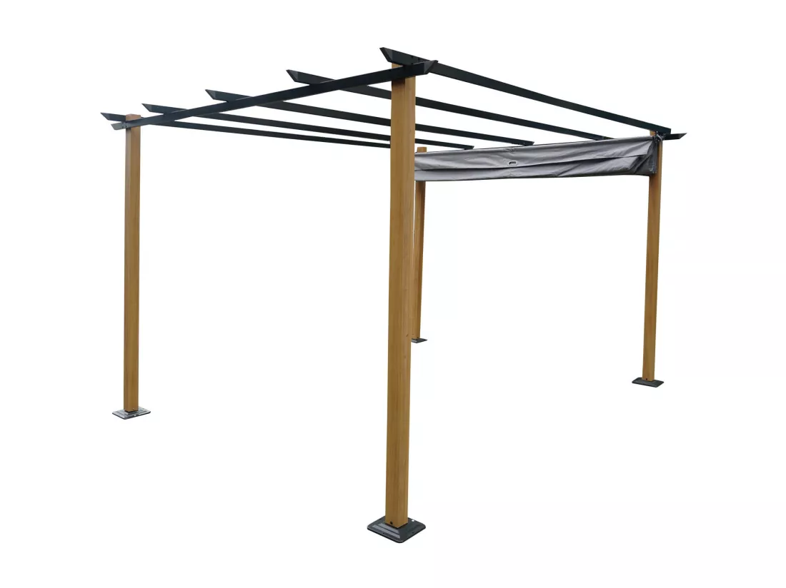 Tonnelle/Pergola en aluminium 3x4m toile coulissante rétractable - bois et gris - HAWAI