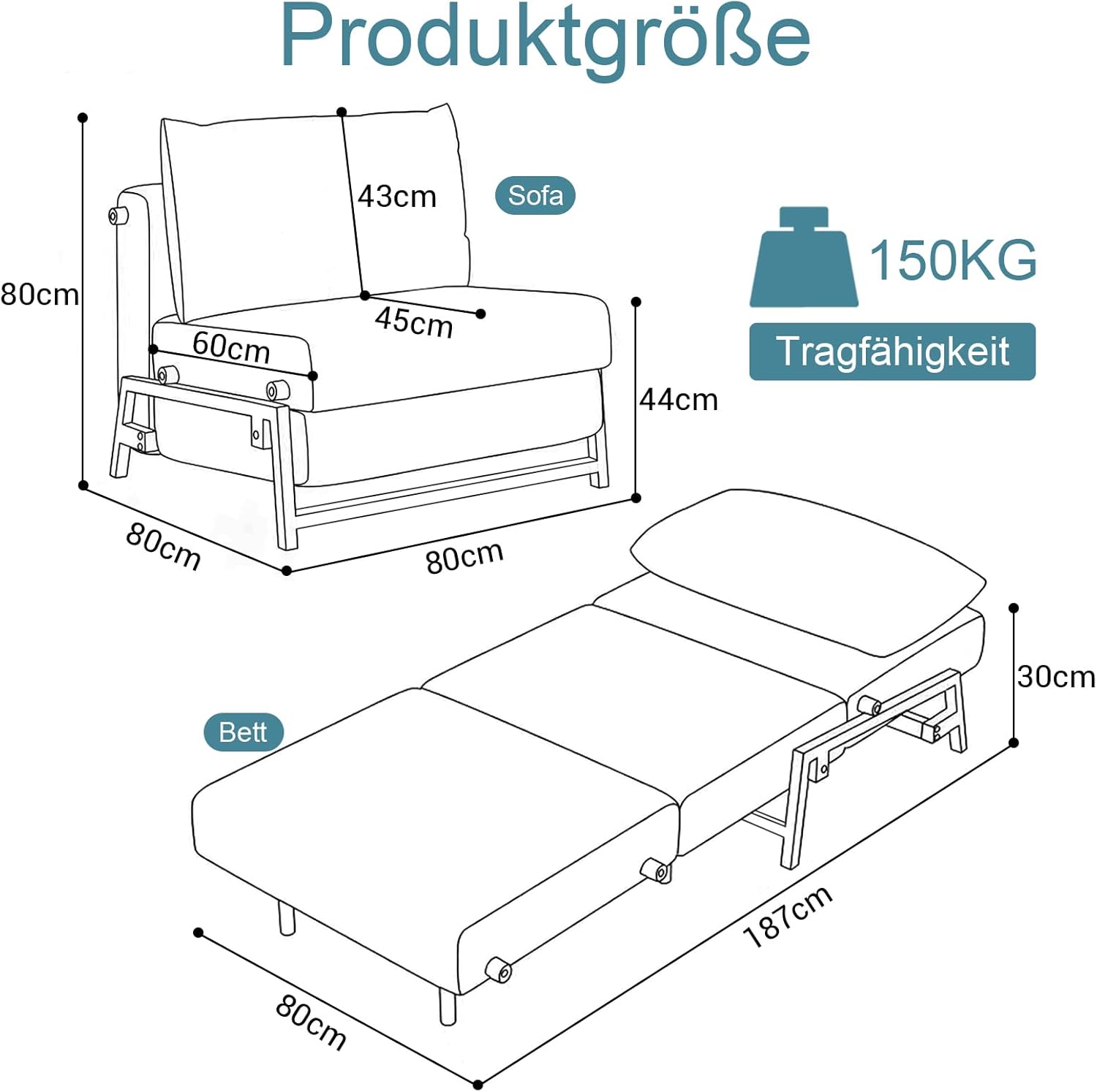 Generisch Schlafsofa mit Schlaffunktion, Schlafsessel 2 in 1 mit Bettfunktion, 190 x 80 cm Gästebettfür, Cord-Schlafsofa mit Kissen für Wohnzimmer & Schlafzimmer, Weiß, 80cm