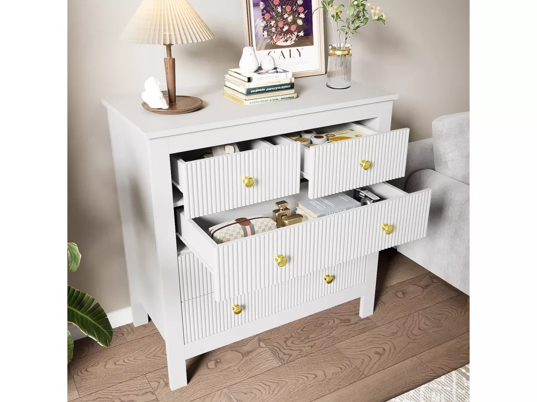 Commode avec 5 tiroirs - 79 x 80.5 x 39.5 cm - Panneaux de particules - pour salon, chambre - Couleur blanc