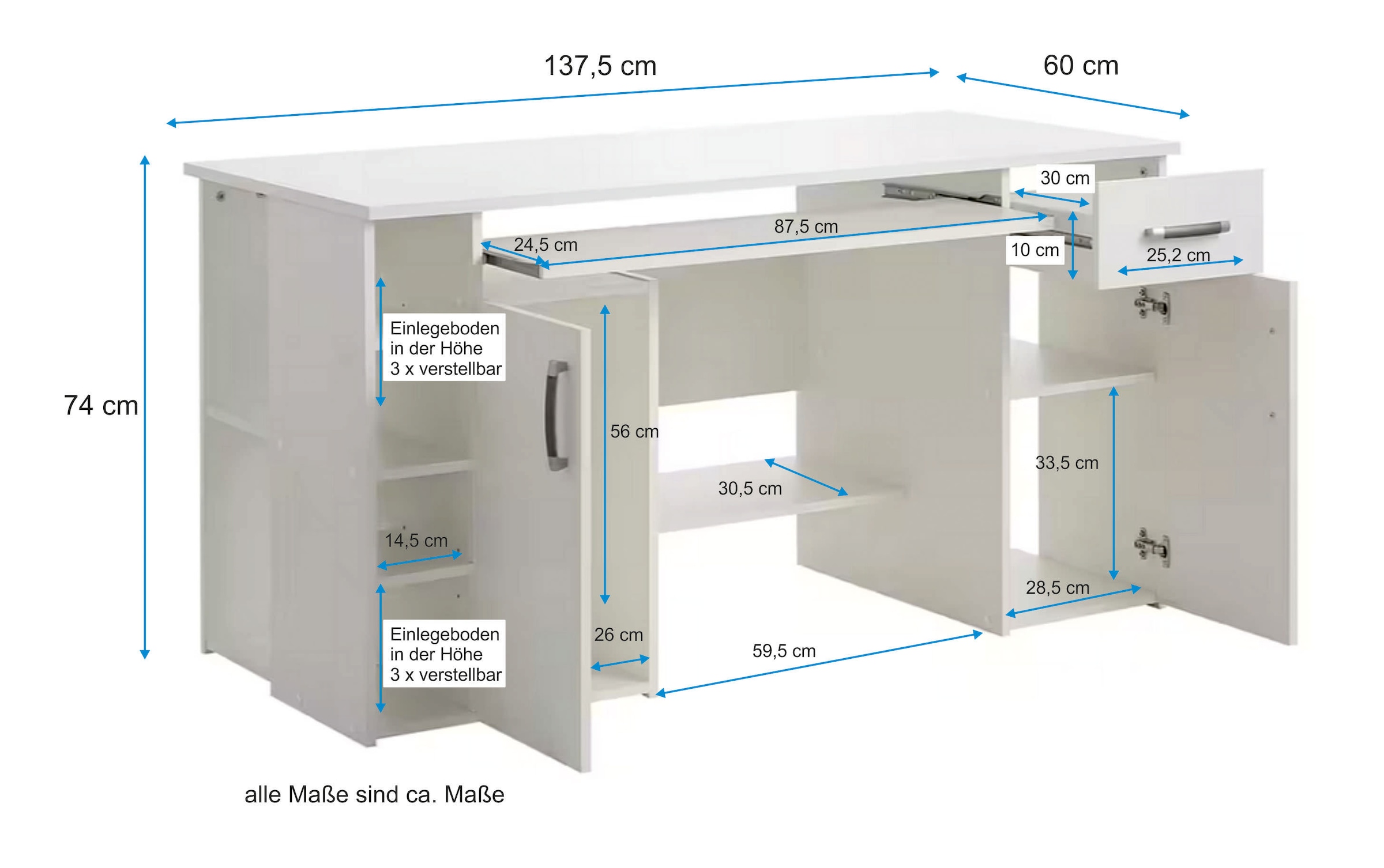 VOGL Möbelfabrik Schreibtisch »Tim mit seitlich offenen Fächern & Tastaturauszug,« Druckerablage, 1 Schublade, Breite 138 cm, Made in Germany