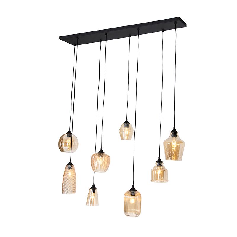 Art deco hanglamp zwart met amber glas 8-lichts - Hanne