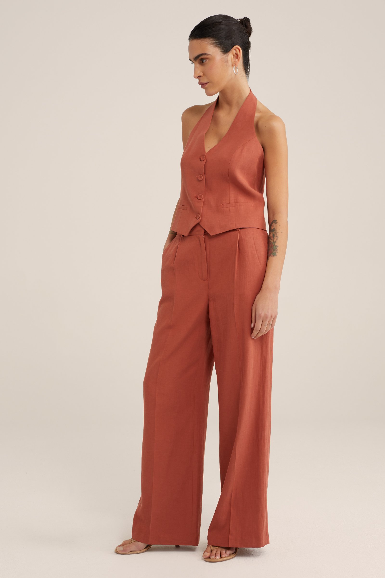 wide leg pantalon WE Studio Roestbruin