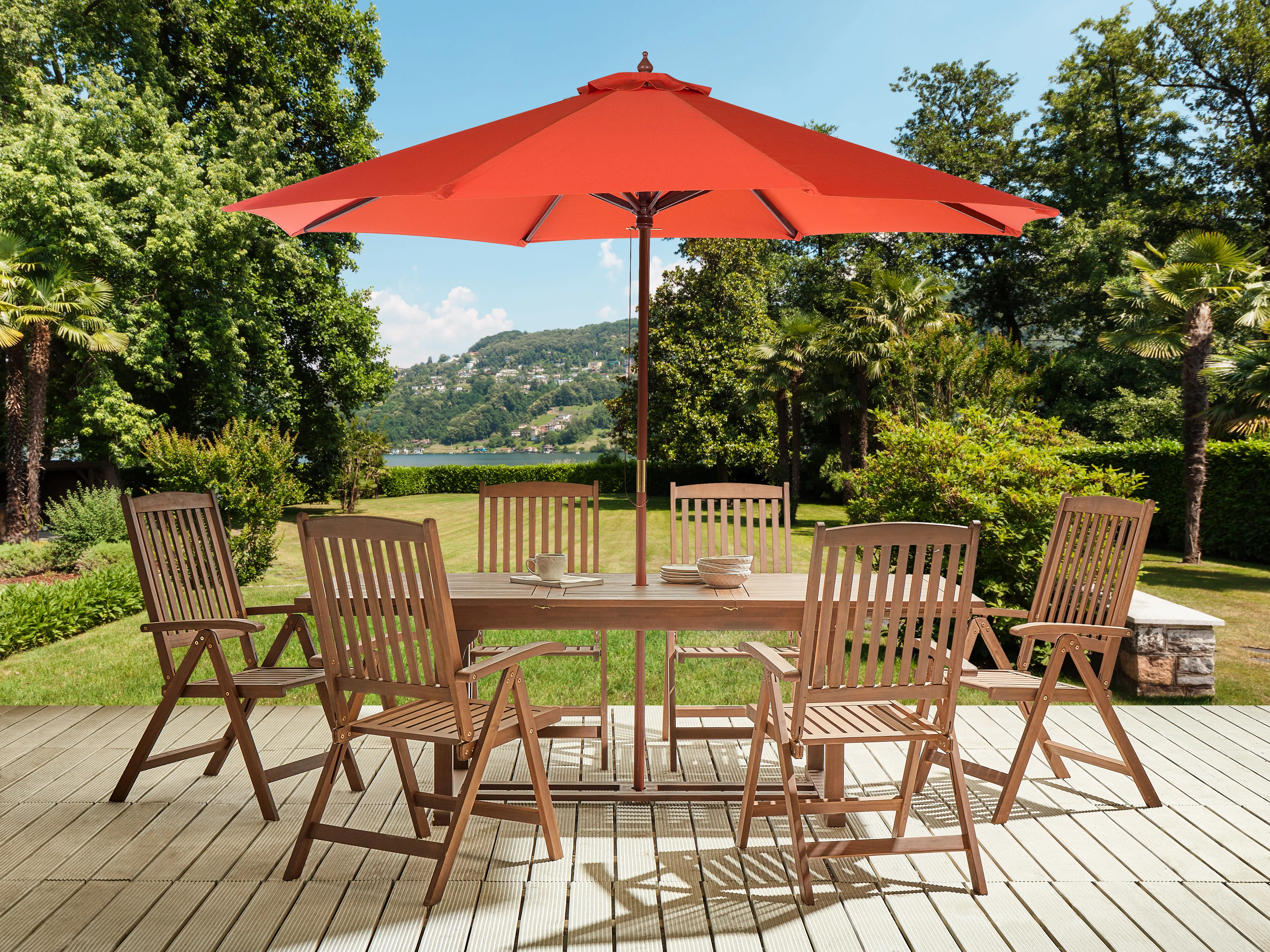Tuinset 6-zits AMANTEA met parasol Acaciahout Rood