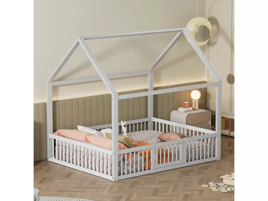 Lit cabane pour enfant ou bébé - 140 x 200 cm - barrières et porte - sommier à lattes inclus - bois blanc