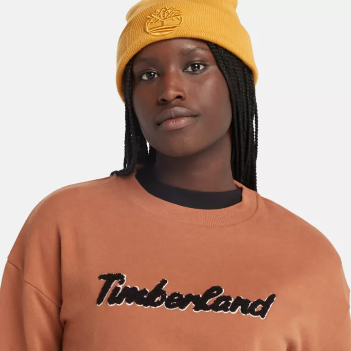 Moletom feminino com gola redonda e logo na cor terracota.
