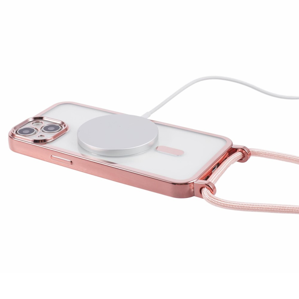 iPhone 15 MagSafe Necklace Gummi Case Hülle Galvanisierter Rahmen mit Handykette (160cm)   Kameraschutz - Roségold / Transparent