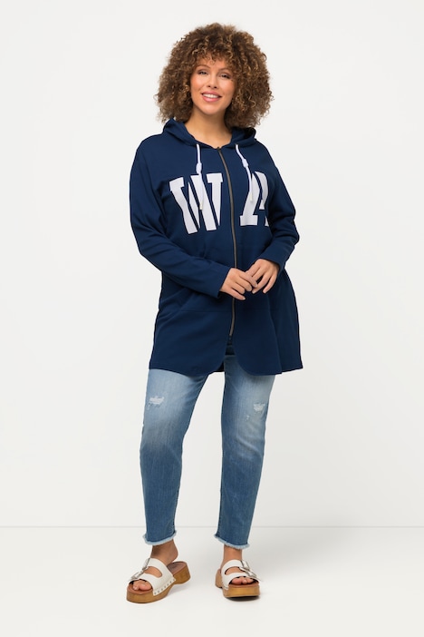 Long-Sweatjacke, Schriftmotiv, Kapuze, Knotenband