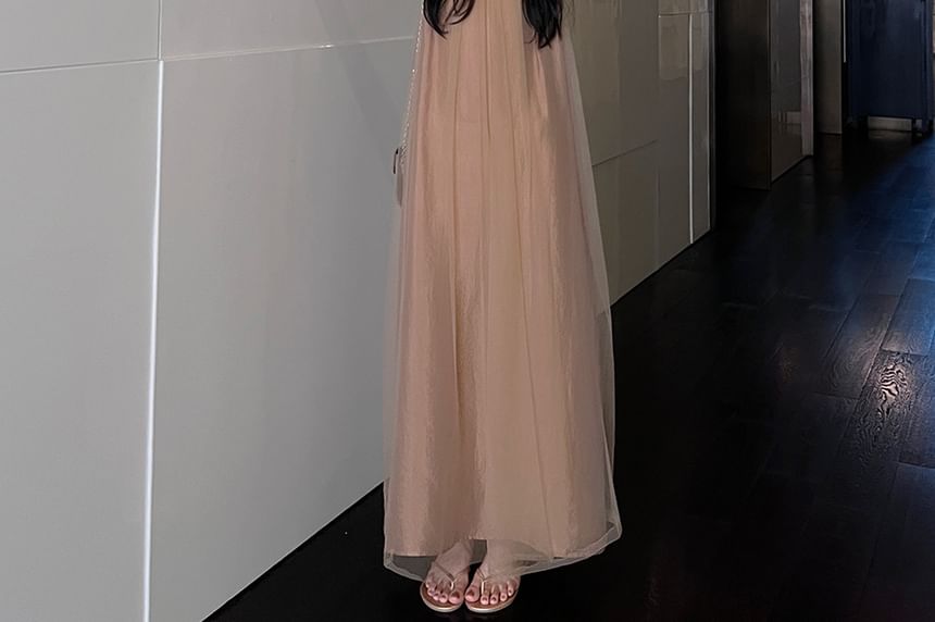 Trendycas - Mouwloze ronde hals, effen gerimpelde mesh maxi-tuniekjurk