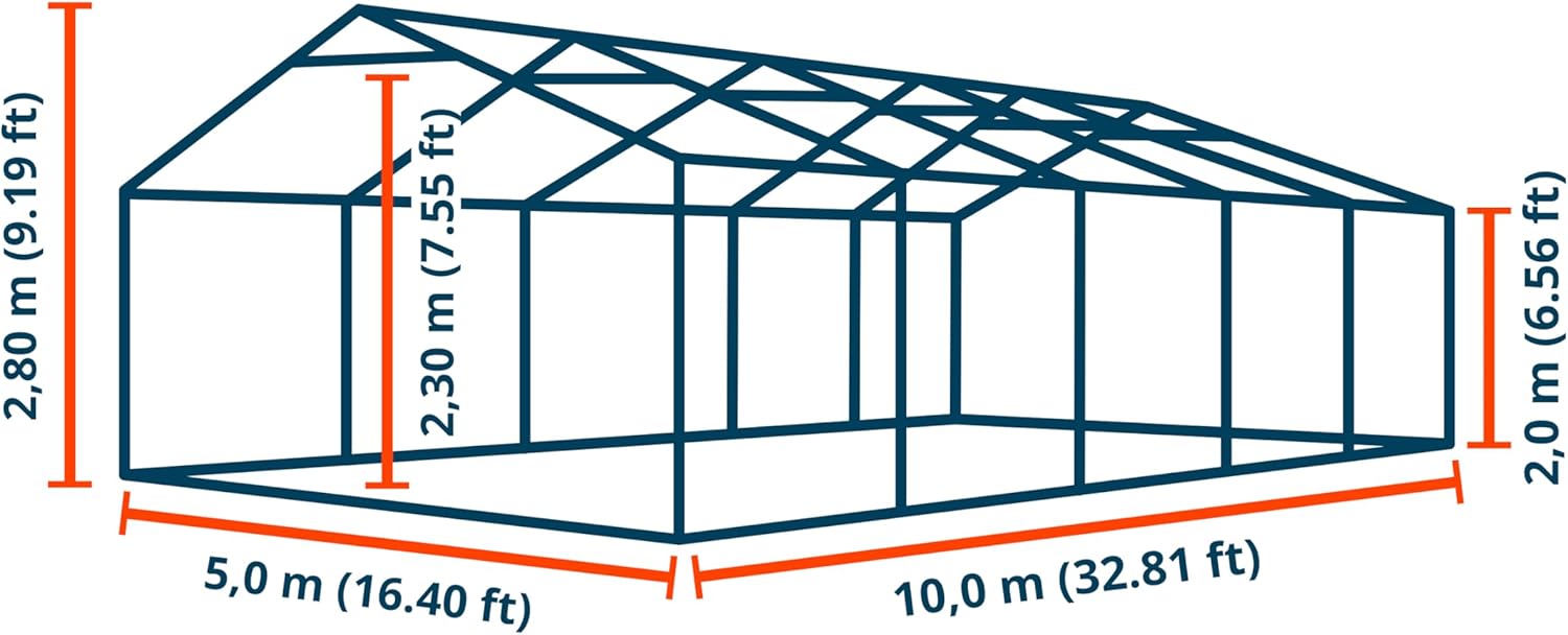 TOOLPORT Lagerzelt 5x10 m Industriezelt Unterstand PVC Plane 750 N grau mit Bodenrahmen und Dachverstärkung