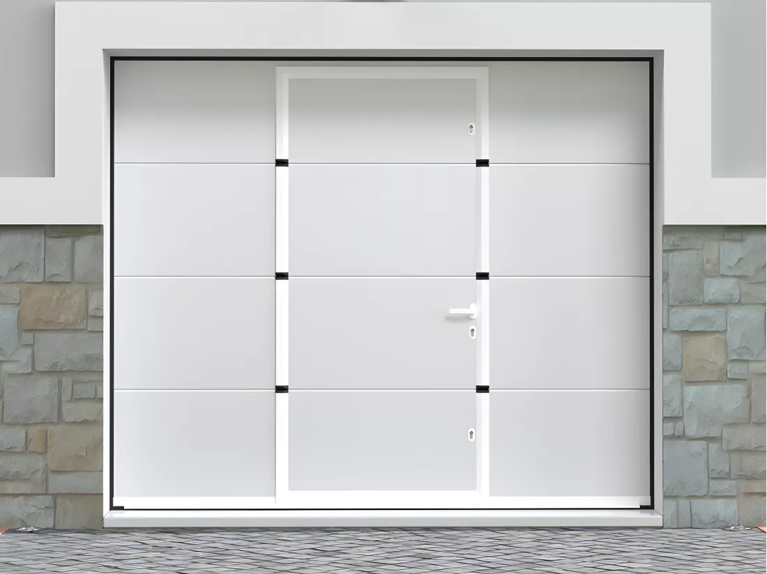 Porte de garage sectionnelle effet lisse portillon central blanc motorisée L254 x H213 cm - LAVEGA