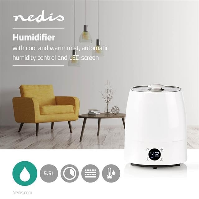 Nedis Air luftfugter | 110 W | Med kold og varm tåge | 5.5 l | Hygrometer | Timer | Velegnet til rum op til: 50 m² | Grå / Hvid