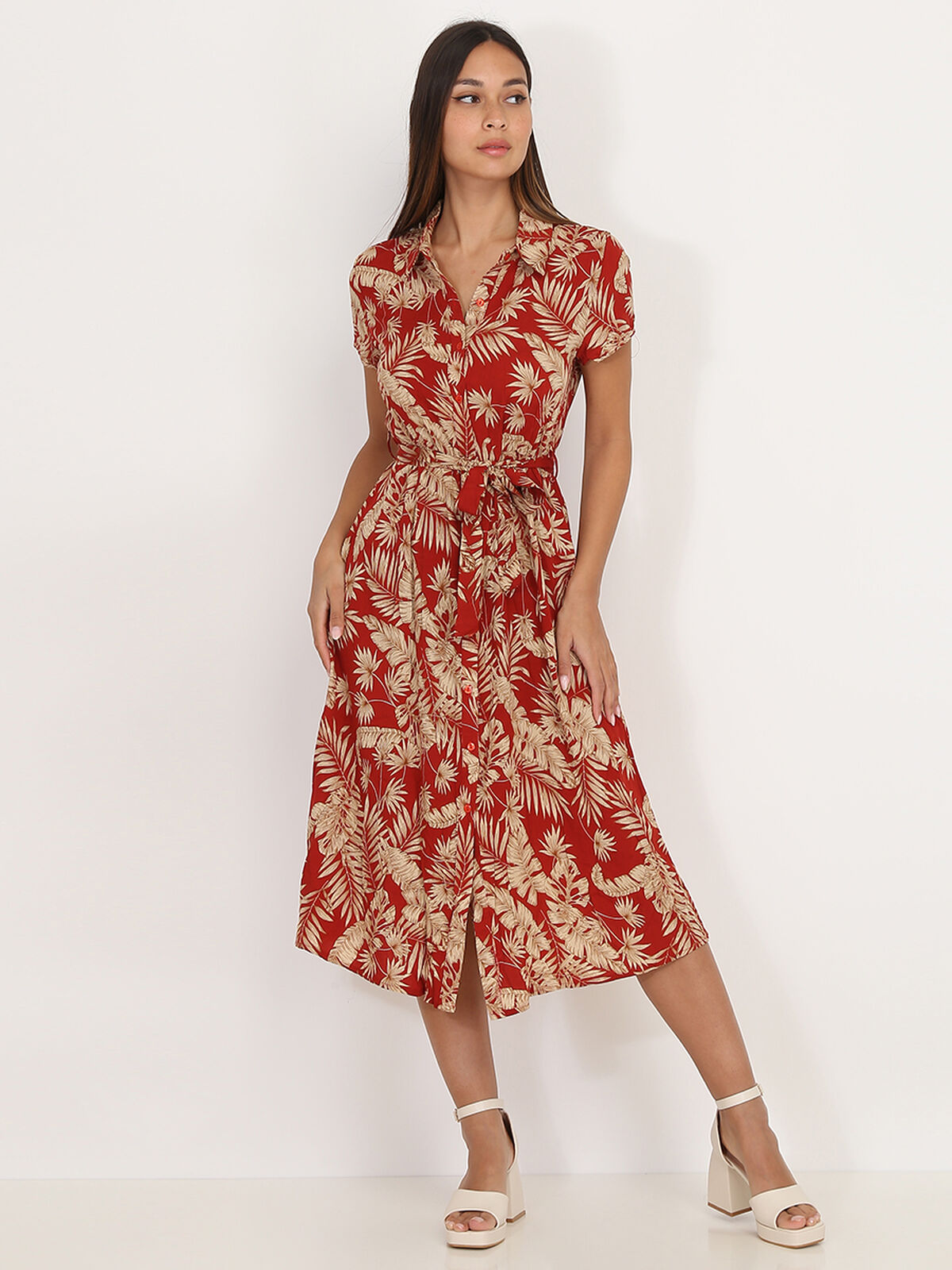 Robe chemise mi-longue à feuilles- Rouge