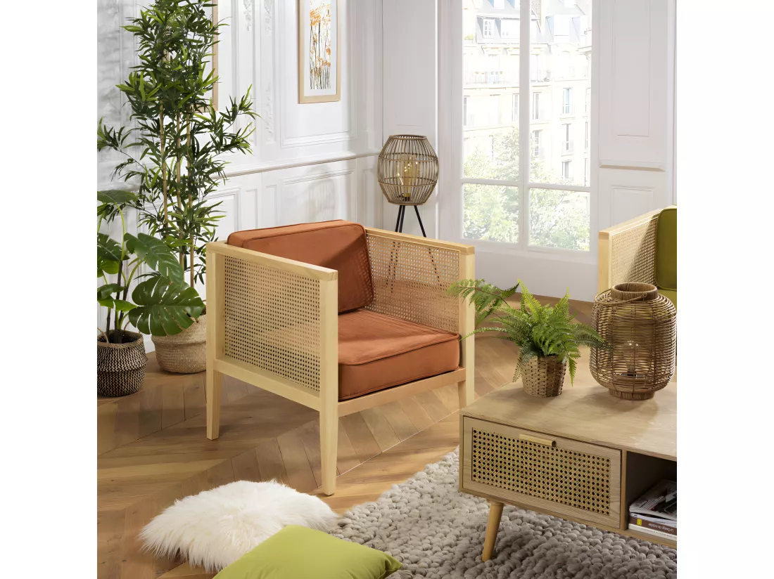 ALBANE - Fauteuil cannage assise amovible velours orange