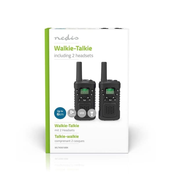 Nedis Walkie-Talkie Set | 2 håndsett | Opp til 6 km | Frekvens kanal: 8 | PTT / VOX | Opp til 3 timer | Hodetelefonutgang | 2 Hodesett | Sort