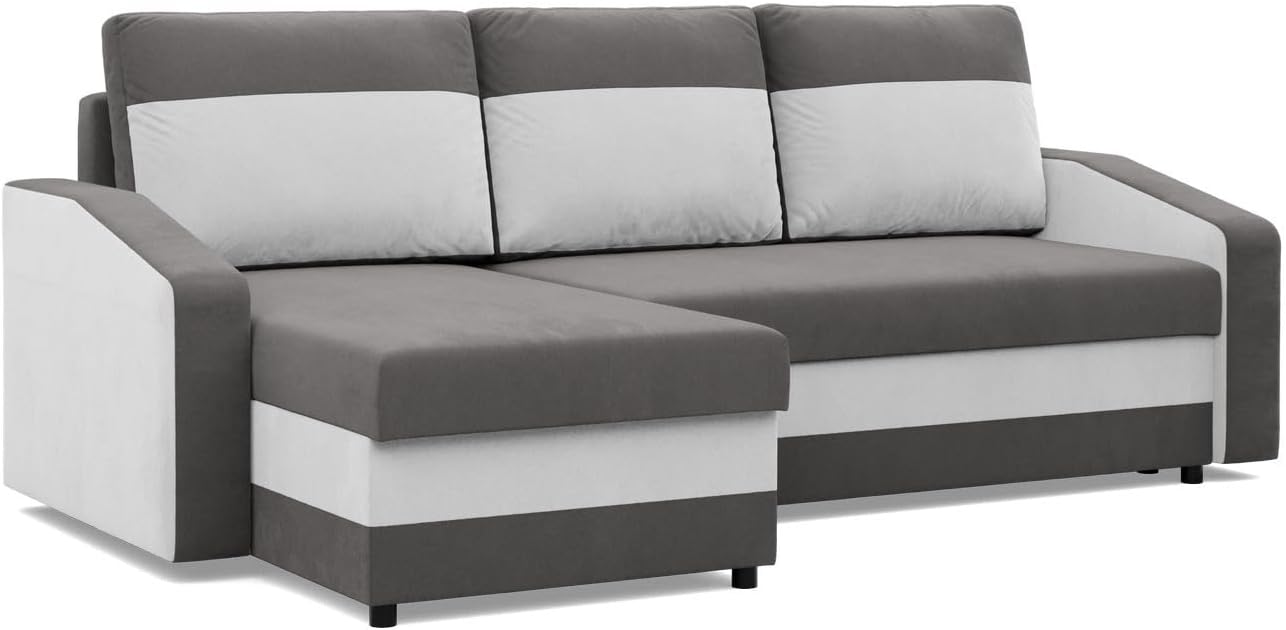 Mebligo - Ecksofa mit Schlaffunktion, Universelle Seite, Grau + Weiß (Mikro 27 + Mikro 31)