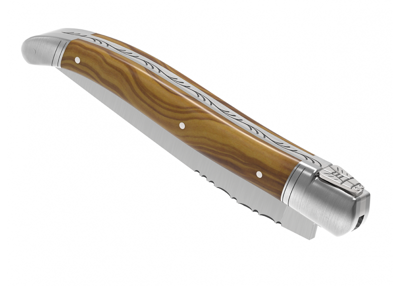 Couteau Laguiole avec un manche en bois d'olivier et 2 mitres en acier inoxydable