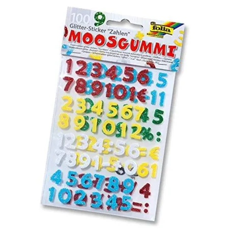 Moosgummi Glitter Sticker, Zahlen, sortiert in rot, weiß, grün, gelb und türkis, verschiedene Motive, 100 Stück