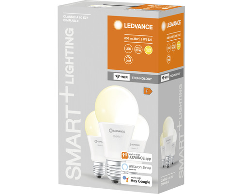 Ledvance Smart WIFI LED-lampen, dimbaar, A60 E27/9W (60W), mat, 806 lm, 2700 K warm wit, 3-pack