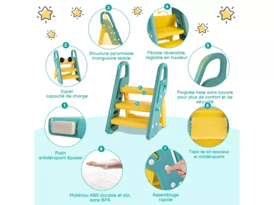 Marchepied Pliable pour Enfant Bébé avec 3 Marches Antidérapant, Rehausseur Stable, Hauteur Réglable, Multifonction avec Poignées Sécurité pr Salle de bain, Jaune et Vert