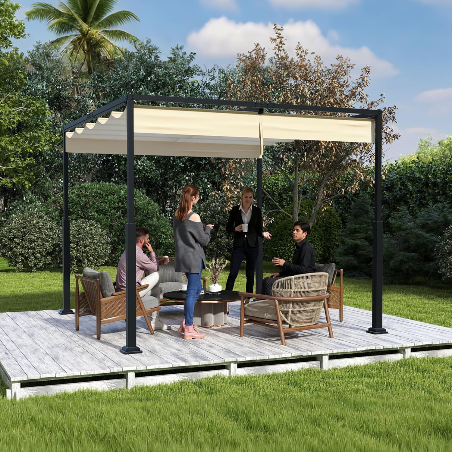 3x3m Outdoor Pergola Stabile Metallrahmen Gartenpavillon mit Wind- & Sonnenschutz Schiebedach, Freistehend Überdachung Einziehbare Markise für Garten Terrasse & Balkon (Beige)