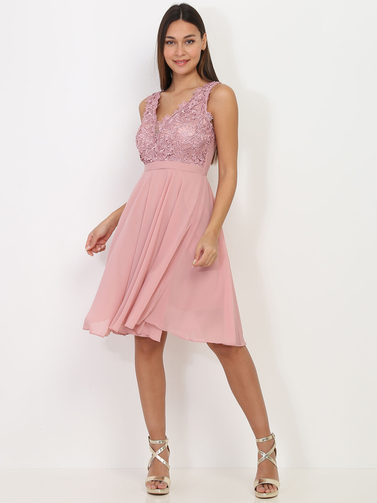 Robe patineuse broderie et perles grandes tailles- Vieux rose