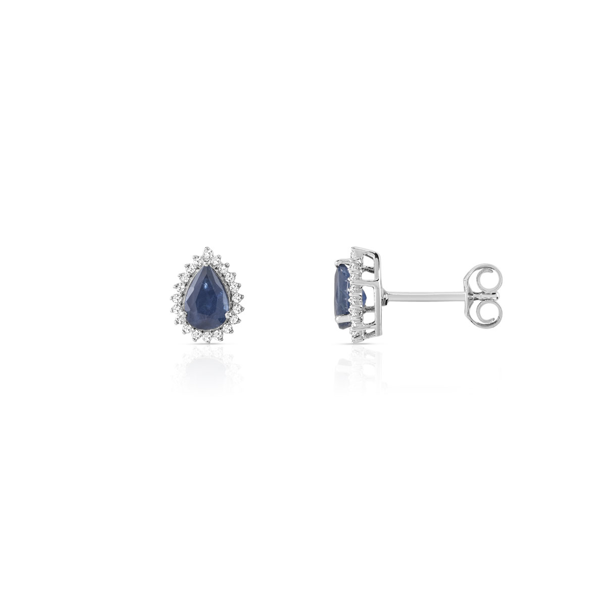 Boucles d'oreilles or 750 blanc gouttes saphirs taille poire et diamants
