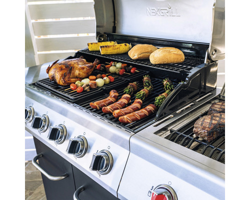 Nexgrill 5-pits gasbarbecue + zijbrander, zwart, inclusief opbergplank, dekselthermometer, geëmailleerde gietijzeren planchaplaat, vetopvangbak, grillpan, grillrooster, krachtige warmtezone, zijplank, warmhoudrek. Geëmailleerd gietijzeren grillrooste