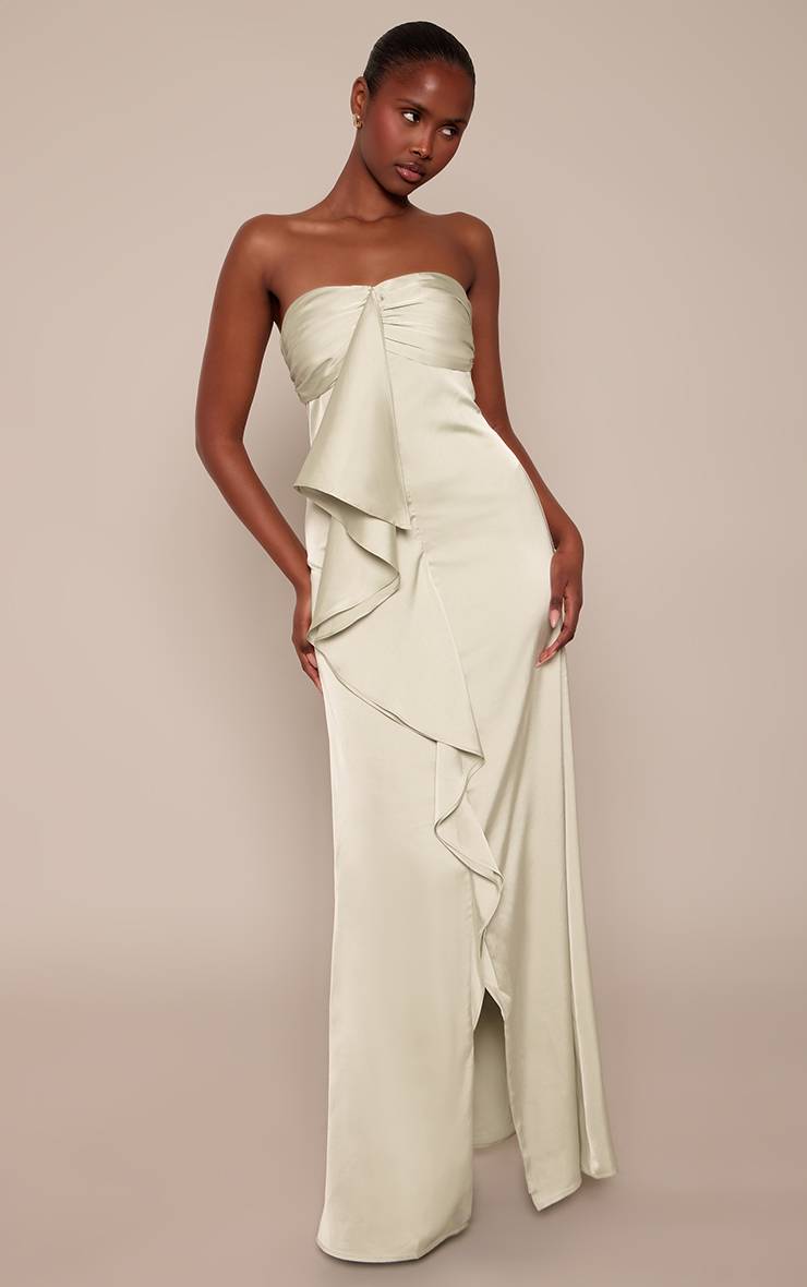 Vert Sauge Robe Longue Drapée En Satin À Détail Bustier