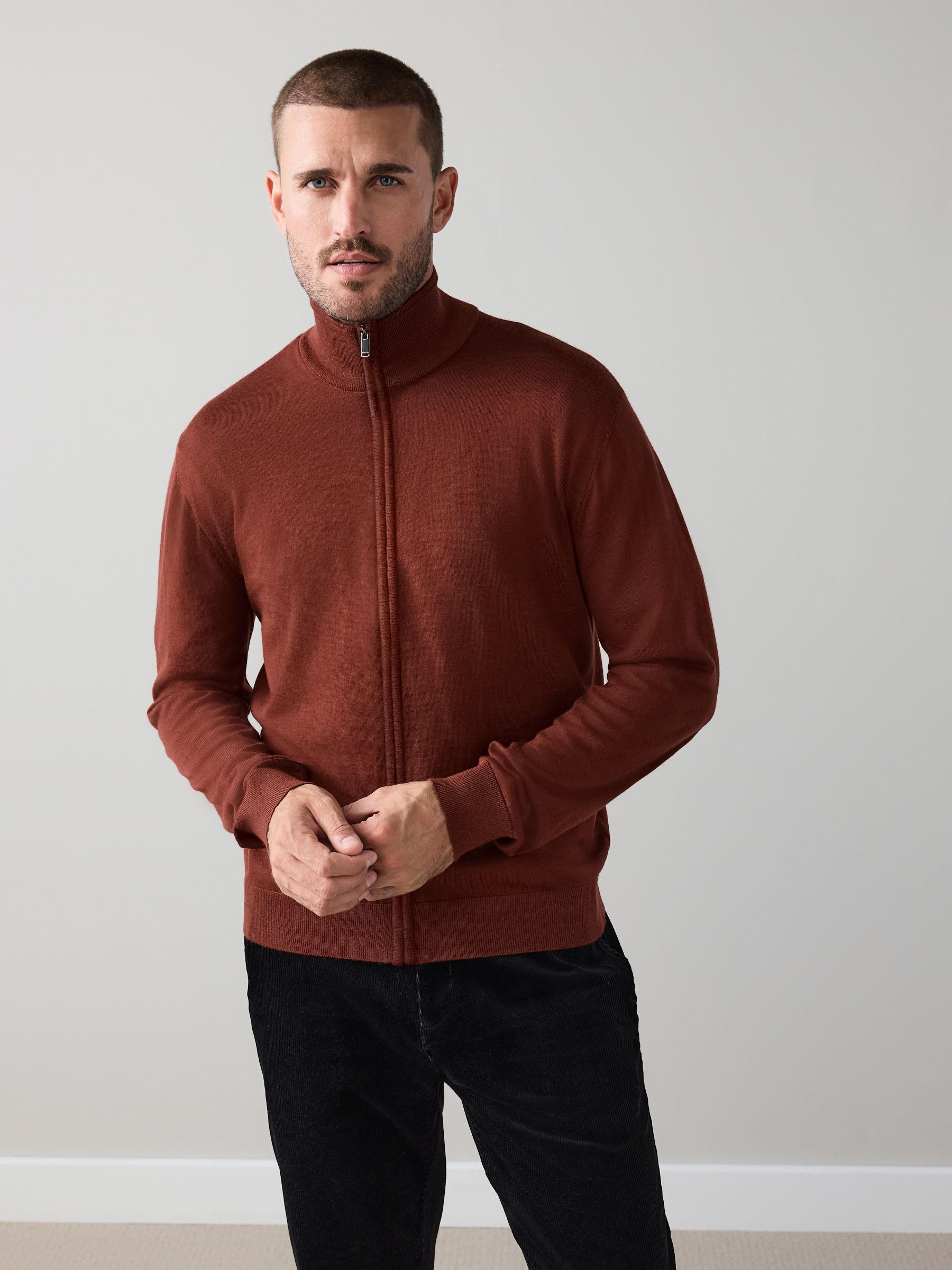 Donkeroranje - Regular Fit Signature 100% Merino Wool Light Weight Zip-Through Cardigan
