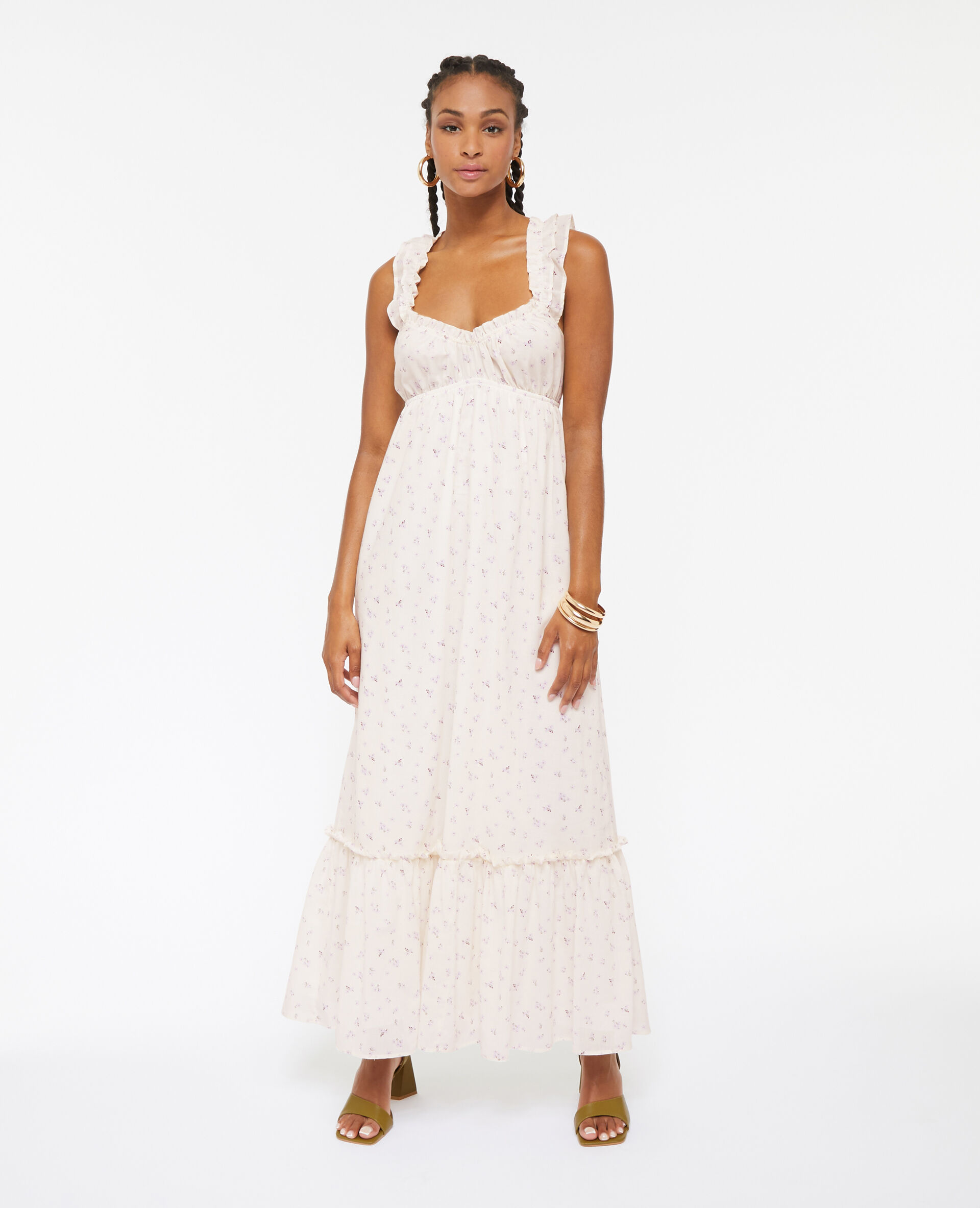 Robe longue motif fleurs avec volants - Blanc