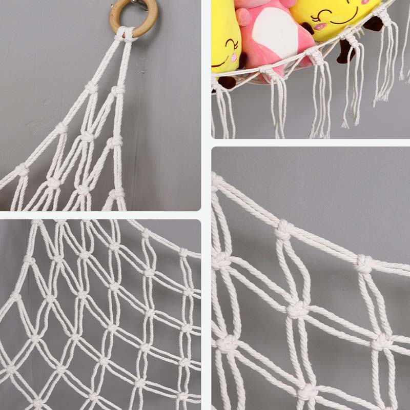 (110x87cm) Boho Spielzeug Hängematte Makramee Kinderzimmer Stofftier Organizer Hygge Lifestyle Netz mit Quasten - Weiss