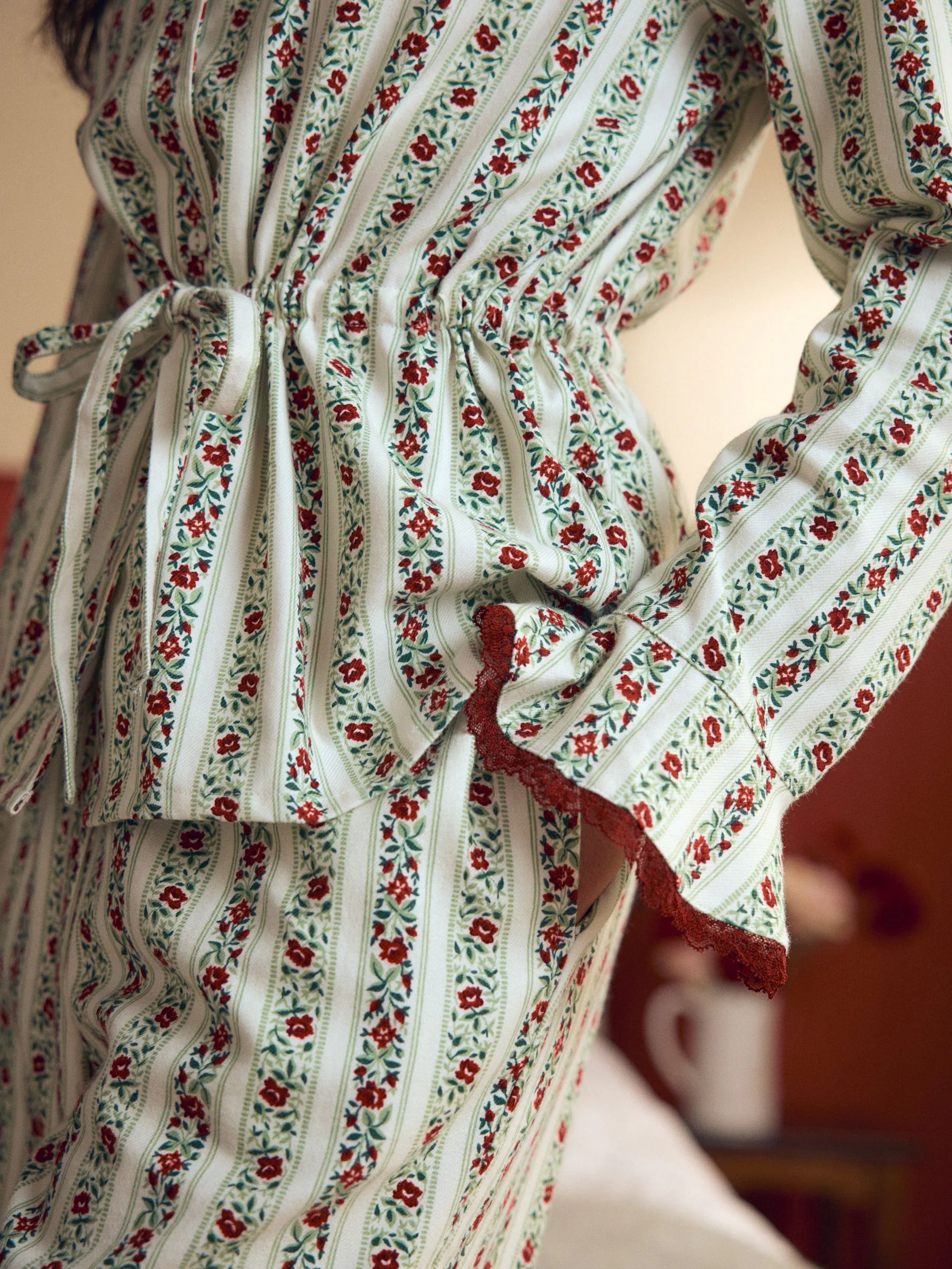 Laura Ashley Festive Christmas Kelbrook Stripe Button Through Pyjamas with Lace Edge