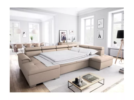 Canapé d'Angle Panoramique 6 Places Paola Convertible en Tissu Avec Coffres - Beige - L322 x P196 x H76cm - Loungitude