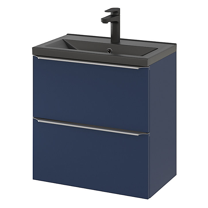 Ensemble salle de bains l.60 cm meuble à suspendre faible profondeur Imandra bleu nuit mat + plan vasque céramique noir