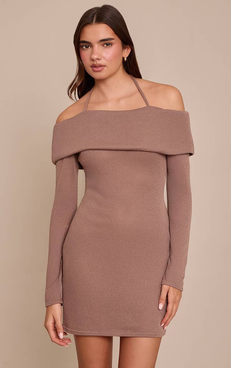 Taupe Robe Mini Bardot En Jersey Texturé
