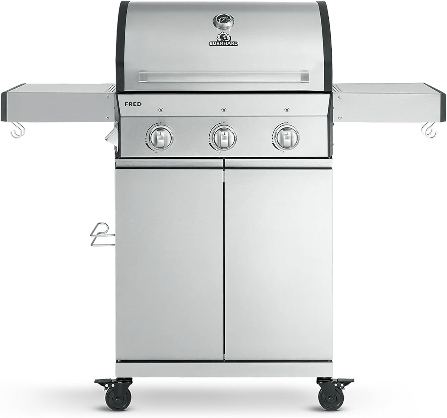 BURNHARD® Gasgrill 3-Brenner Edelstahl-Grillrost, Grillabdeckung, Edelstahl-Grillwagen, klappbare Seitentische – FRED Basic