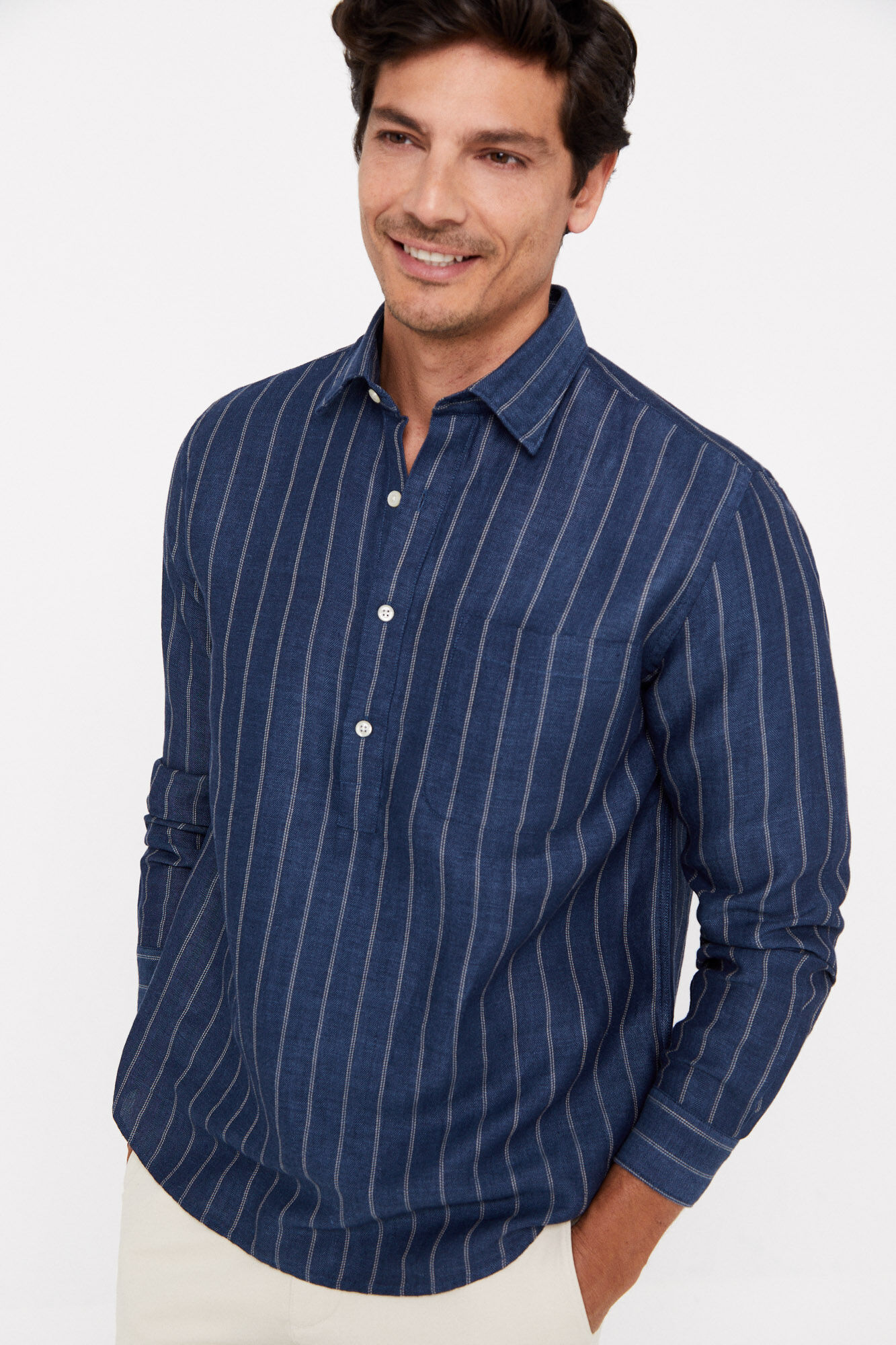 Camisa polo listrada em linho e algodão - Azul marinho
