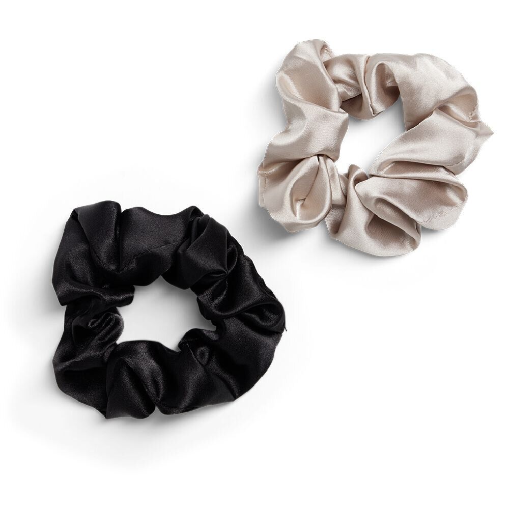 Chouchou scrunchie satiné noir uni et beige uni x2