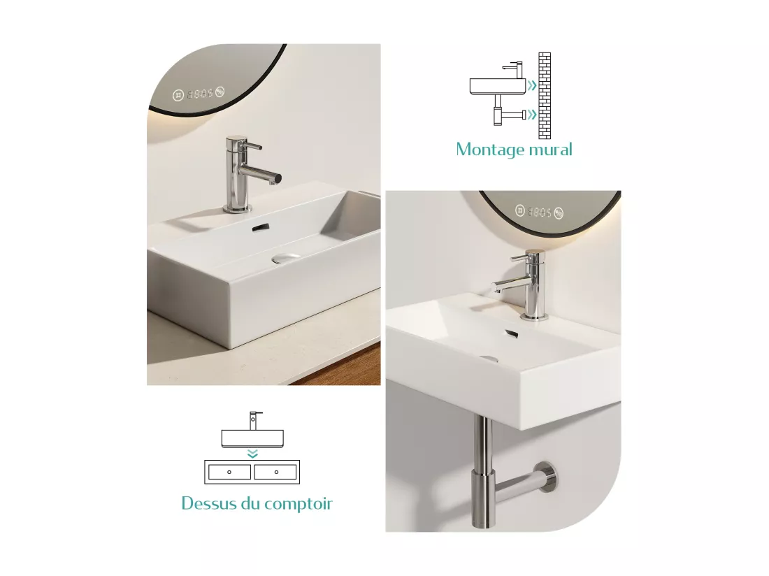 EMKE Vasque à Poser en céramique 51,5×36,5×13cm, Lavabo rectangulaire avec robinet trou prépercé, Lavabo à poser blanc brillant