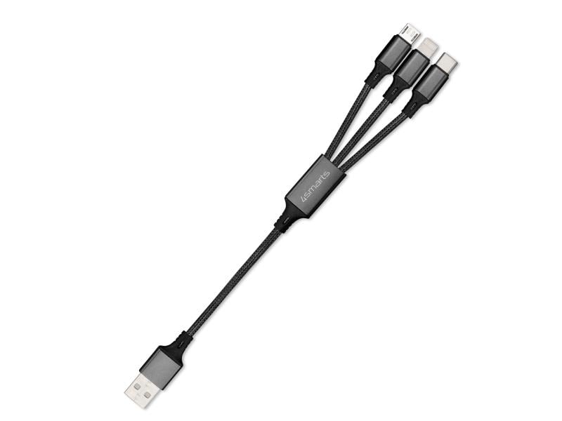 4smarts USB-Ladekabel 2.4A USB A - Lightning/Micro-USB B/US 4smarts 3in1 Kabel ForkCord 20 cm textil schwarz